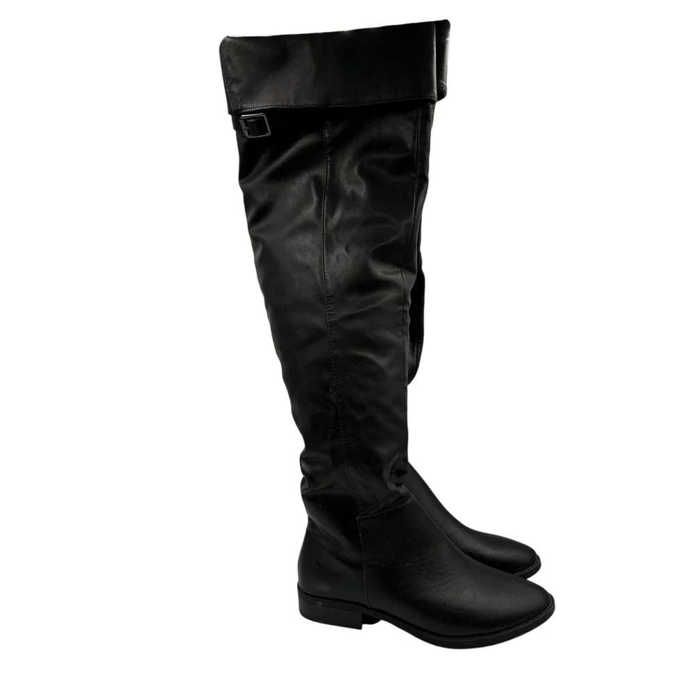 Sacha Over The Knee Boots Womens Size 7 Black New Fold Over Cuff Buckle Detail